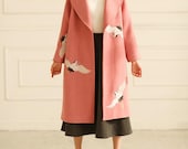 Fine Art Collection pink wool white crane hand embroidery winter coat Limited edition