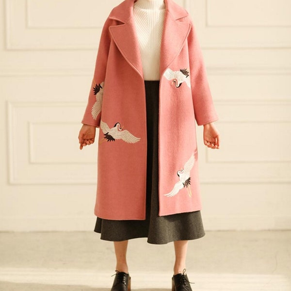 Fine Art Collection pink wool white crane hand embroidery winter coat Limited edition