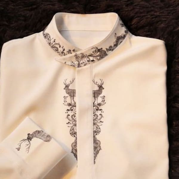 Fine Art Collection white bird and deer hand-painted unique elegant shirt