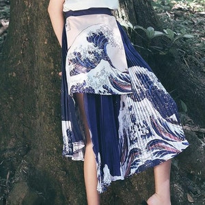 Fine Art Collection blue Japanese wave print designed irregular skirt