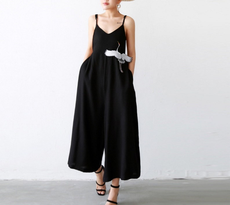 Fine Art Collection Japanese black white crane and jumpsuit