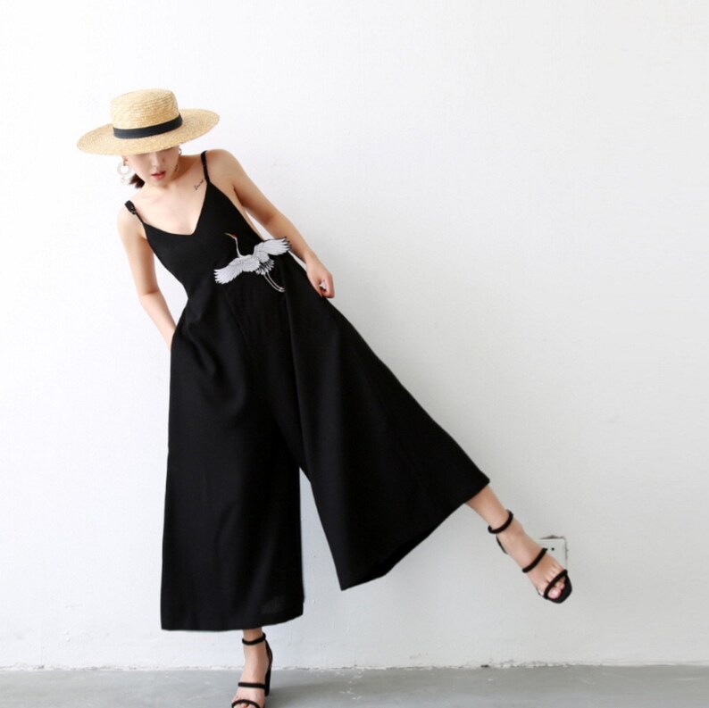 Fine Art Collection Japanese black white crane and jumpsuit