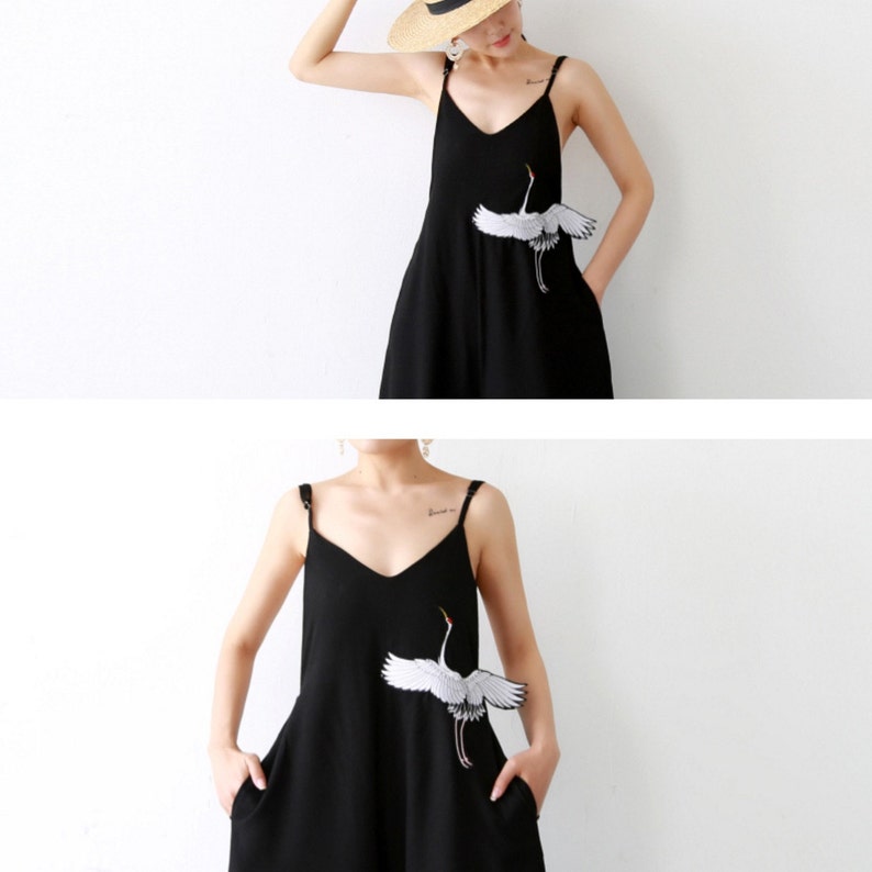 Fine Art Collection Japanese black white crane and jumpsuit