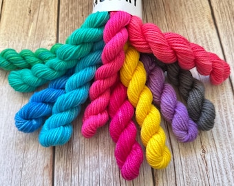 Hand Dyed Mini Skein Yarn Bundle Kit 10x20g DK 8ply "Retro Pop" Australian Superwash Wool