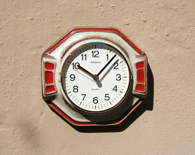 Vintage Ceramic Wall Clock by Dugena Made in West Germany 1960s Fat Lava Era Mid Century Modern