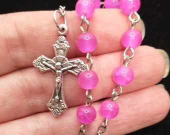 Pink Glass Decade Rosary, Our Lady of Guadalupe, Sacred Heart, Gift Bag