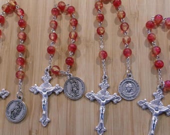 St. Florian Firefighter Single Decade Rosary, Red Glass Beads (Gift Bag Included)