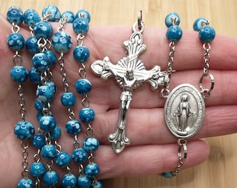 Miraculous Medal, Blue/White Marble 15 or 20 Decade Rosary