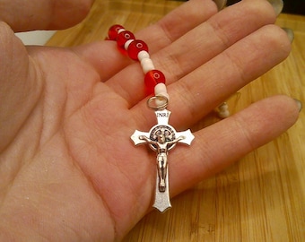 Confirmation Chaplet, Holy Spirit Dove, St. Benedict Crucifix, Red White Rosary Pull
