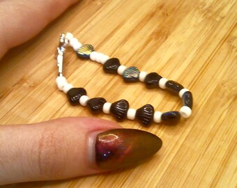 St. Benedict Rosary Bracelet, Iridescent Seashell, Black and White Beads