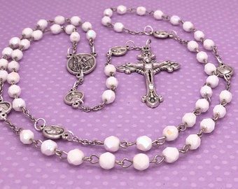 St. Michael/Guardian Angel, White Rosary for Women, Catholic Glass Prayer Beads