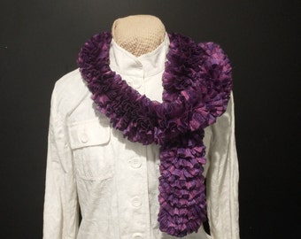 Hand Knit Purple Ruffle Scarf with Silver Flecks