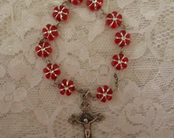 Red Flower Single Decade Rosary with Gift Bag