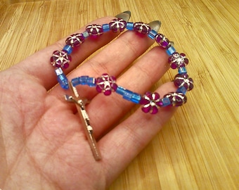 Purple Flower and Blue Cube Single Decade Rosary (Bracelet) with Gift Bag