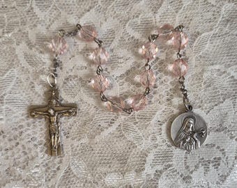 St. Therese of Lisieux, Holy Trinity Crucifix, Pink Glass Decade Rosary (2 variations)