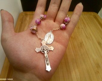 Pink Marbled, St. Benedict, Our Lady of Loreto Single Decade Rosary with Gift Bag