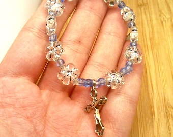 Clear and Blue Flower Single Decade Rosary (Bracelet) with Gift Bag