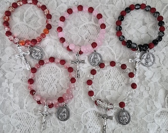 St. Dymphna, Wrap Rosary Bracelet with Red Roses (5 Variations)