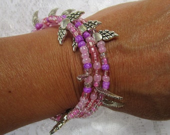Heart and Angel Wings, Purple and Pink Bracelet