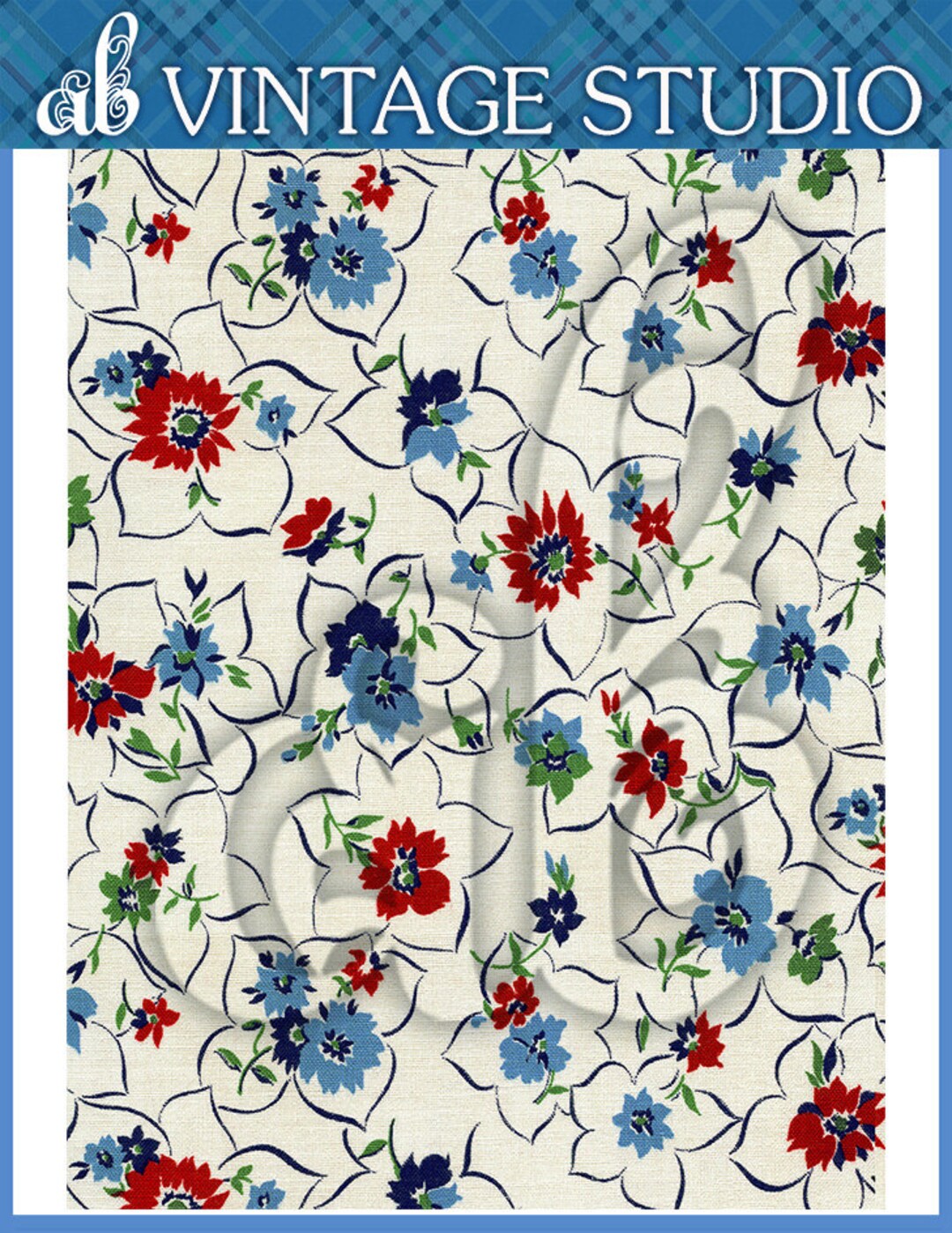 Digital Image of Vintage Fabric Featuring Red and Blue Flowers on Cream ...