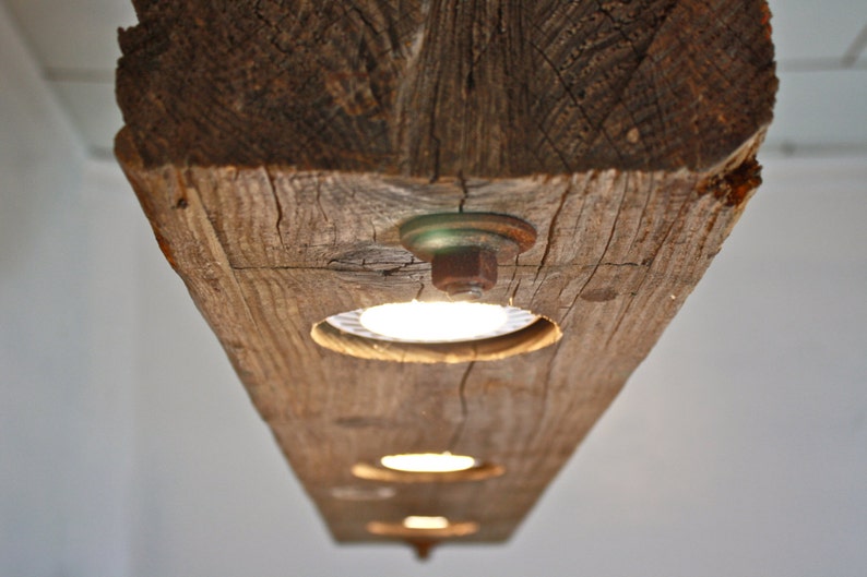 Rustic Industrial Modern Hanging Reclaimed Wood Beam Light Lighting Fixture With Led Lamps And Rusted Chain