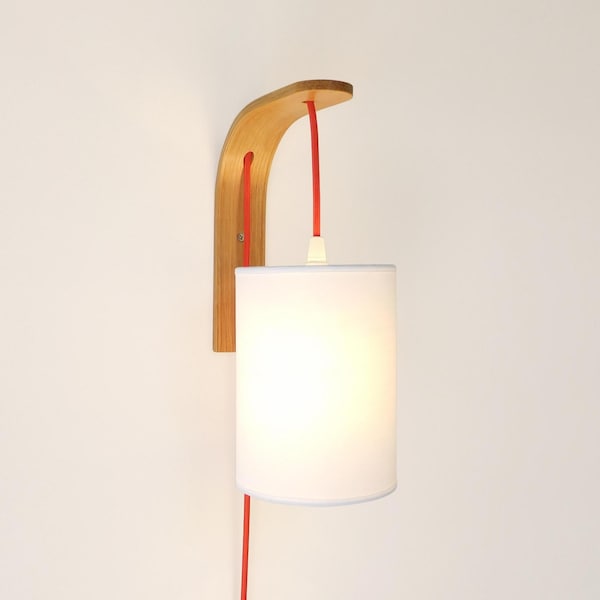 Plug-in Wall Sconce with Pendant Lampshade on Oak Wood Bracket, Bedside Wall Hanging Light