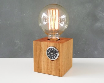 Wood table lamp with clock, personalized small bedside lamp, office desk accessories for men