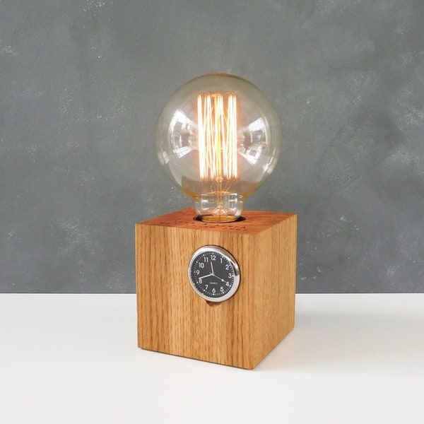 Wood table lamp with clock, personalized small bedside lamp, office desk accessories for men