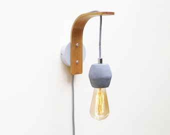 Plug in wall sconce with concrete pendant lamp, bentwood Oak bracket, swag nordic hanging light with switch