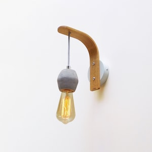 Modern nordic wall sconce with pendant concrete lamp on wood bracket, handmade bedside wall light