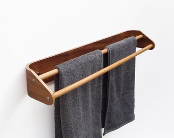 Walnut long towel bar, bathroom wall towel rack, wood double towel rail horizontal, modern bath accessories