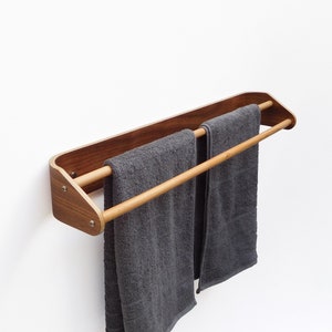 Walnut long towel bar, bathroom wall towel rack, wood double towel rail horizontal, modern bath accessories image 1