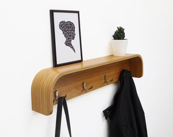 Mid Century Oak Coat Rack Shelf 23 inch: Wooden Modern Entryway Organizer with Hooks