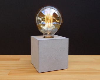 Concrete table lamp base, modern edison nightstand cube lamp, handmade gift for dad