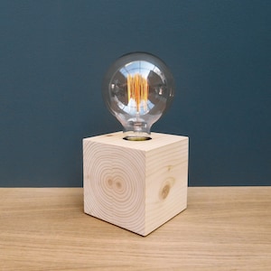Wooden cube table lamp for nightstand, handmade small wood lamp for side table, fathers day gift