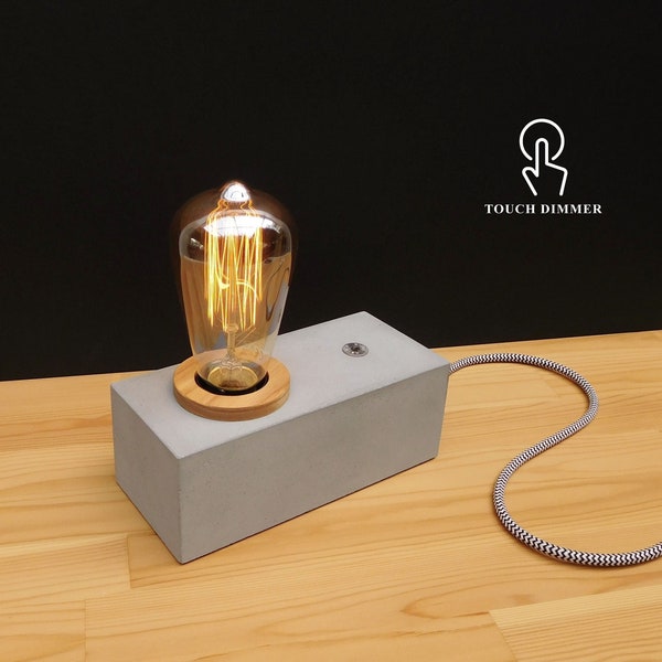 Concrete table lamp touch dimmer switch, modern small nightstand edison beton lamp, desk accessories for men, birthday gift for him