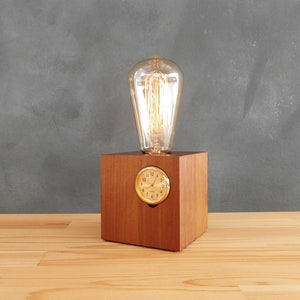 Wooden table lamp with clock, small mid century nightstand lamp, personalized office desk accessories for men, gift for dad