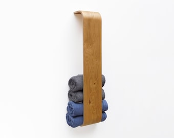 Modern Oak Wall Mounted Towel Rack: Wooden Vertical Towel Holder, Handmade Bathroom Accessories