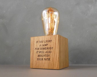 Personalised wooden lamp, custom engraved quote on wood block edison light award gift for client