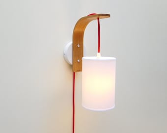 Plug in wall sconce with pendant lampshade on wood bracket, scandinavian hanging bedside wall lamp