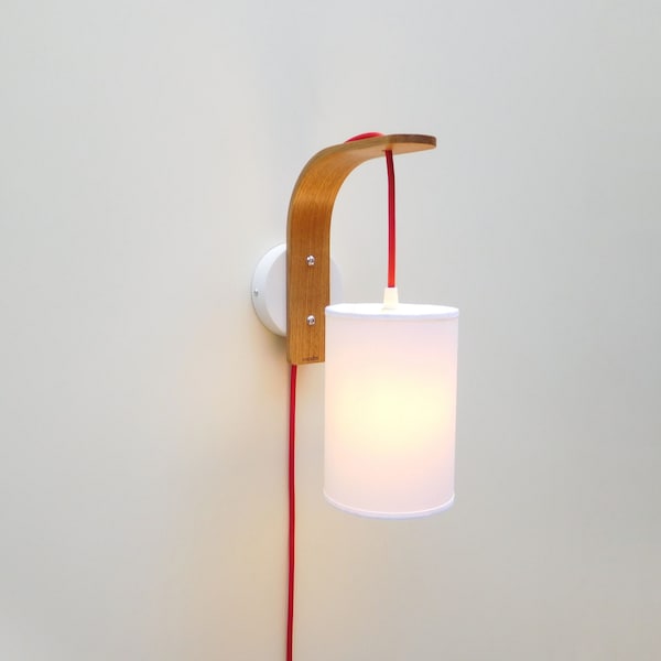 Plug in wall sconce with pendant lampshade on wood bracket, scandinavian hanging bedside wall lamp