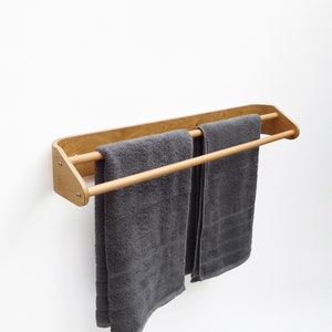 Oak wood towel rack with double long bar, wall mounted wooden bathroom accessories