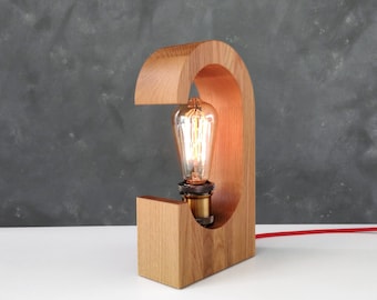 Oak table lamp dimmable edison wood lamp rustic mens room decor, handmade wood gift ideas for men