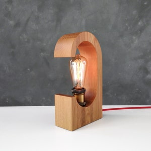 Handmade Solid Oak Table Lamp: Dimmable Edison Bulb, Rustic Home Decor Lighting