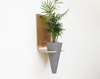 Wall mounted concrete planter indoor with oak wood floating plant stand, modern wall hanging garden