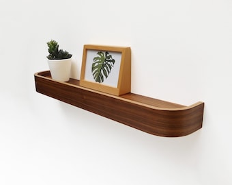 Walnut floating ledge shelf, modern rounded edge wood shelves for living room