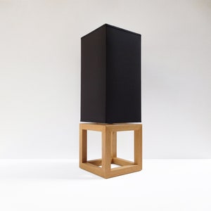 Table lamp with black linen lampshade and solid Oak wood base, handmade wooden bedside lamp