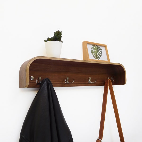 Wall rack with shelf, mid century entryway walnut wood coat hanger