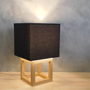 Wood table lamp with black lampshade for nightstand, modern side table lamp, mens new home gift ideas