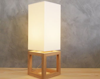 Modern Table Lamp with Oak Wood Base and Linen Lampshade, Handmade Lamp for Sideboard